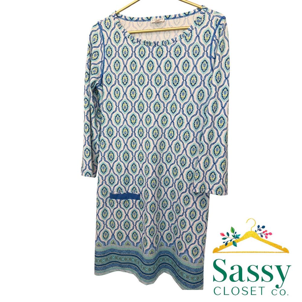 ✨ CABANA LIFE Blue Turquoise White UPF 50+ Sun Dress Pocket L EUC 🌴